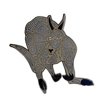 Enamel on metal brooch of a strong looking grey coloured Australian kangaroo. The kangaroo has black featured on the feet, ears and nose. Gold colour etching outlines the kangaroo. 