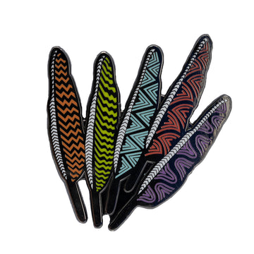 Enamel on metal brooch of a group of colourful feathers in colours red, green, blue and purple with different patterns. 