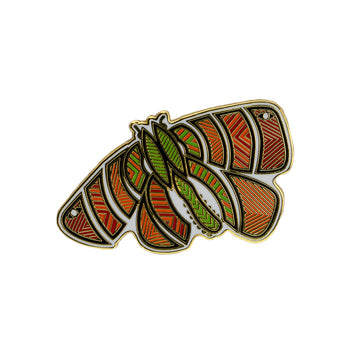 Enamel on metal orange, red, brown, green and white Australian bogong moth brooch by Ngarga-warendj. 