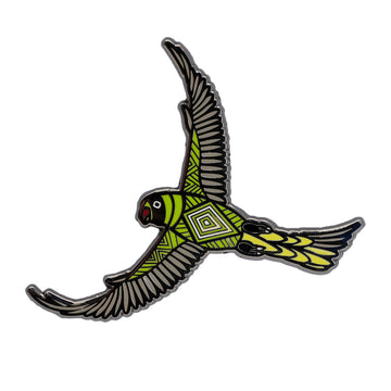 Enamel on metal brooch in a green pattern of a green parakeet bird. The green parakeet bird is in flight position. 
