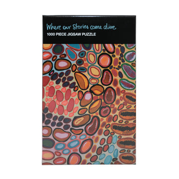 Box with a colourful Indigenous artwork depicting the country where the artist's father came from.