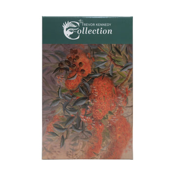 Box with a colourful artwork from a painting of a Eucalyptus Blossom tree with bright orange blossoms green leaves and down gumnuts