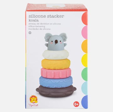 A white box with a photograph of the silicone stacker inside made up of five different coloured rings with a koala on top.