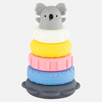 A white box with a photograph of the silicone stacker inside made up of five different coloured rings with a koala on top.