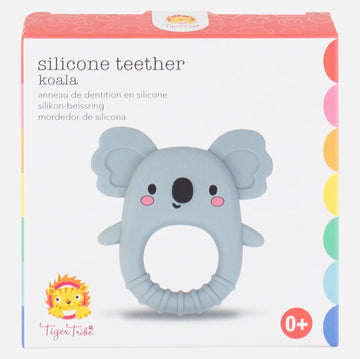 A white box with a photograph of a koala shaped teether on the front along with product information and a coloured border.