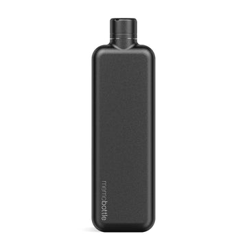 A tall black stainless steel water bottle with the text 'memobottle' on the bottom left.