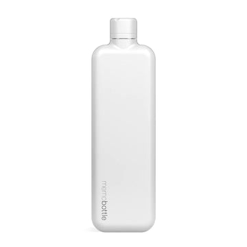 A tall stainless steel water bottle with the text 'memobottle' written along the bottom left side.