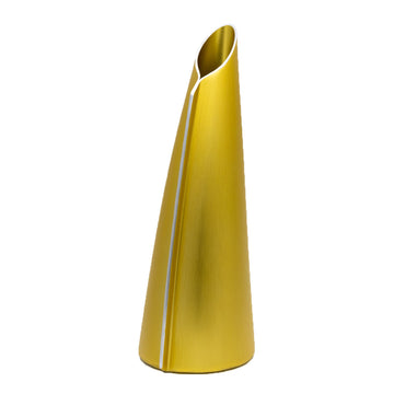 A tall triangular shaped single stem vase made from gold coloured aluminium.