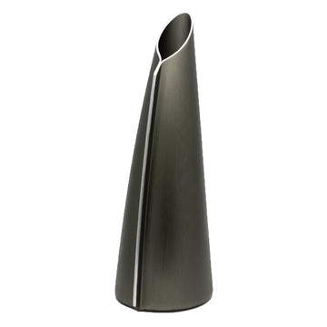 A tall triangular shaped single stem vase made from charcoal coloured aluminium.