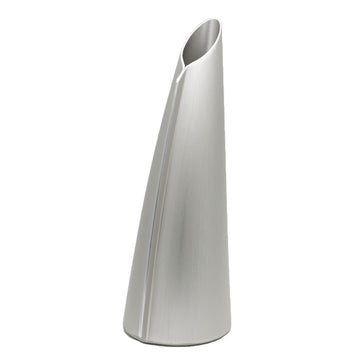 A tall triangular shaped single stem vase made from silver coloured aluminium.