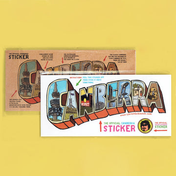 The word 'Canberra's is written across the sticker with a different icon illustrated on each letter. Some of the icons include Telstra Tower, Parliament House and a bus shelter. In the background is the sticker packaging which has an caption for each letter.