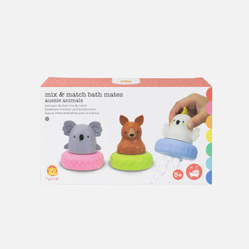 A white rectangle box with a photograph of three bath toys including a koala, kangaroo and cockatoo inside coloured rings.