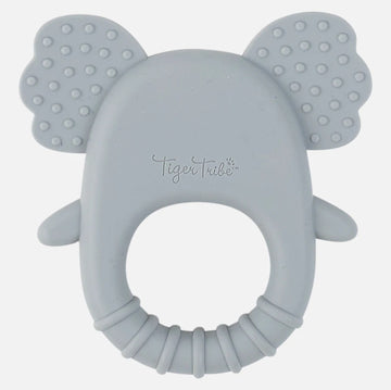 A white box with a photograph of a koala shaped teether on the front along with product information and a coloured border.