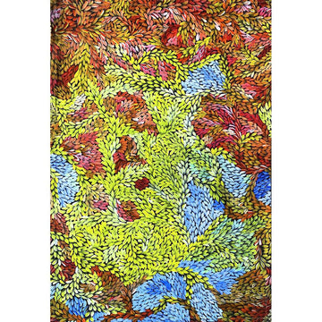 A tea towel is laying flat featuring artwork by Patricia Multa of a leaf pattern in greens, reds and blues.