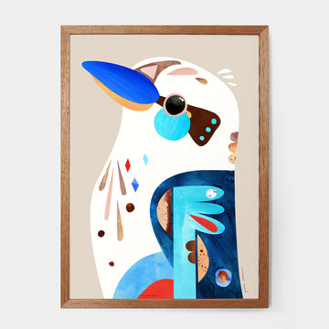 An illustration of a kookaurra by Pete Cromer inside a wooden frame.