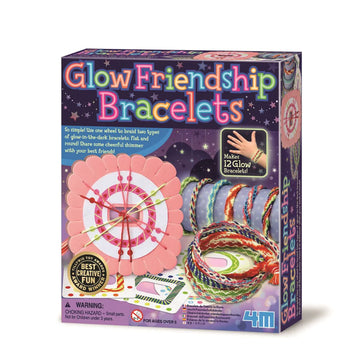 Front cover of Glow Friendship Bracelets box featuring images of bracelets that glow in the dark and the tools using to make it.