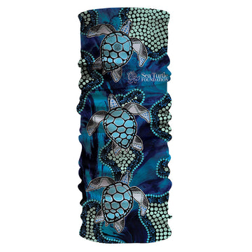 A tubular piece of fabric printed with illustrated turtles by Garry Purchase on a blue background.