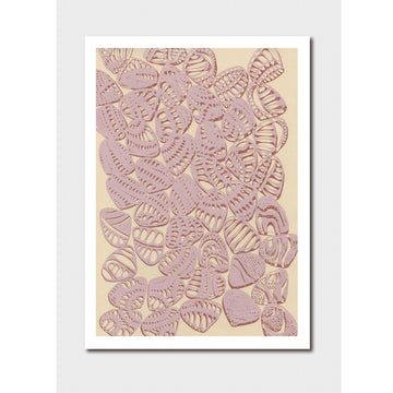 A print of artwork by Delvene Cockatoo-Collins featuring pink sea shells on a yellow background.