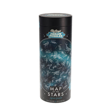 A cylinder tube with a circle shaped puzzle printed on it of star constellations. The cylinder has the heading 'Ridley's Jigsaw Puzzles' and 'Map of the Stars'.