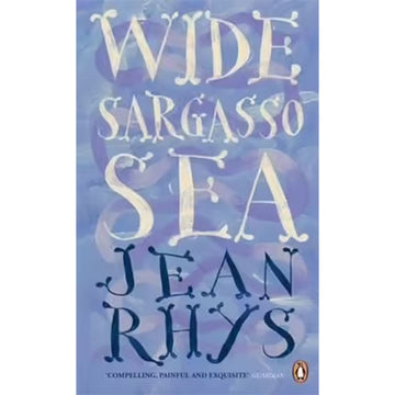 'Wide Sargasso Sea' book cover featuring the title written in white and the author's name in dark blue on a blue patterned background.