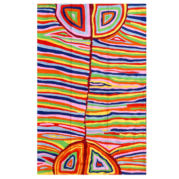 A rectangle shaped rug is laying flat featuring artwork by Judy Watson on the front. The artwork has multi coloured horizontal lines.
