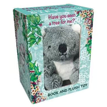 'Have you seen a tree for me?' box cover featuring a floral and leaf design with a clear window showing a soft toy koala inside.