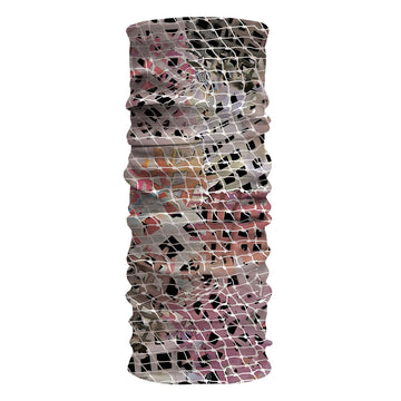 A tubular fabric printed with artwork by Lorenzo Ketchell in shades of pink and grey.
