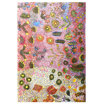 A printed tea towel featuring artwork by Julieanne Kngwarrey Morton of bush medicine plants in red, yellow, blue and green.