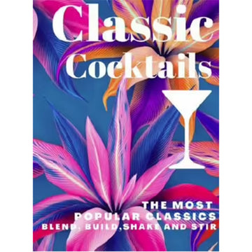 'Classic Cocktails' book cover featuring a floral background in purple, pink and orange with a white silhouette of a martini glass.