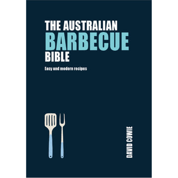 'The Australian Barbecue Bible' book cover featuring a dark blue background with an illustration of cooking utensils.