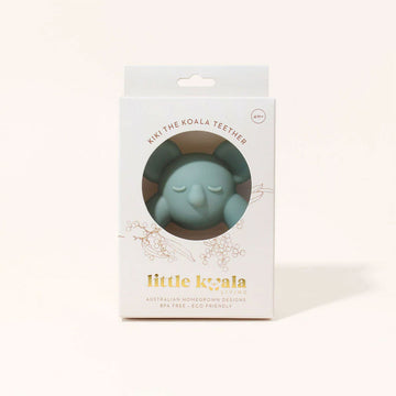 A wooden ring with silicone shaped koala on the top half.