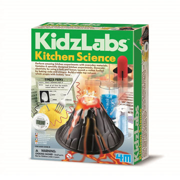 Front cover of Kitchen Science kit box featuring an image of a volcano with a black plastic base, a timer and a a fork stuck in a lemon.