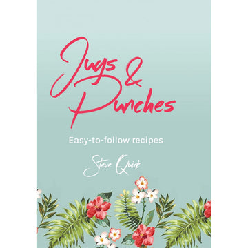 'Jugs and Punches' book cover featuring a light blue green background with an illustration of flowers and leaves at the bottom of the cover.