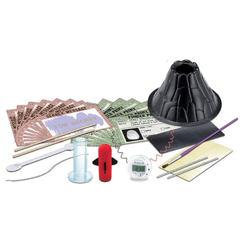 Front cover of Kitchen Science kit box featuring an image of a volcano with a black plastic base, a timer and a a fork stuck in a lemon.