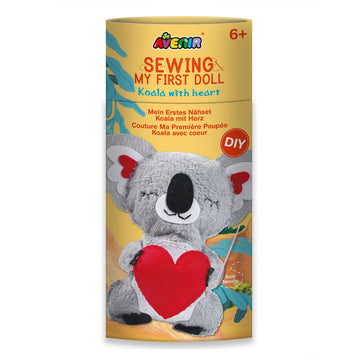A cylinder container with the heading 'Sewing My First Doll Koala With Heart' with a photo of a koala toy holding a red heart.