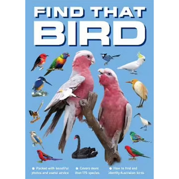 'Find that bird' book cover featuring a photo of two pink birds on a branch surrounded by a border of different birds.