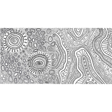 'Mulganai A First Nations Colouring Book' book cover featuring Indigenous illustrations in the background with the title written inside a white circle.