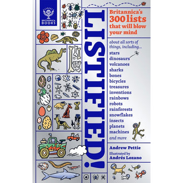 'Listified!' book cover featuring a grey background with blue outlined rectangles each filled with a different illustration. The illustrations include animals, bugs, bones and eggs.