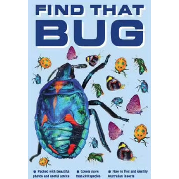 'Find that bug' book cover featuring an illustration of a large blue beetle surrounded by different coloured bugs.