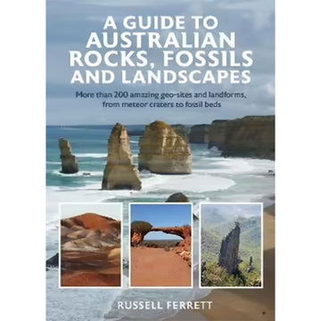 'A guide to Australian rocks, fossils and landscapes' book cover featuring a photo of the twelve apostles and three smaller photos on top of rock formations.