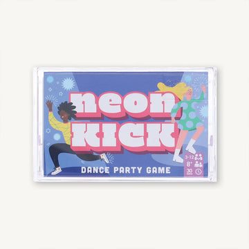 Front cover of a game featuring illustrations of two people dancing and the title 'neon kick' in the middle.