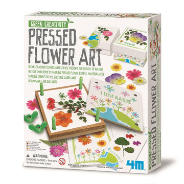 Front cover of pressed flower art kit box featuring images of pressed flowers and the tool used to press them.