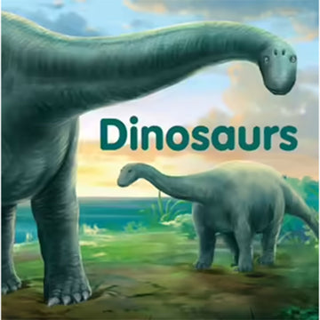 'Dinosaurs' book cover featuring an illustration of two green brontosauruses on land with the sea behind them. 