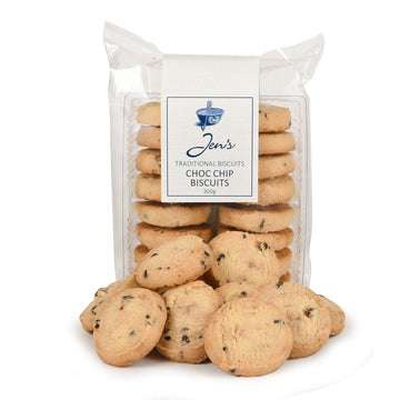 A packet of biscuits in clear packaging with the heading 'Jen's Traditional Choc Chip Biscuits'. There are more biscuits in a stack in front of the packet.