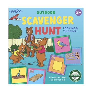 'Outdoor Scavenger Hunt' game box featuring an illustration of three bears looking around a backyard at things including a rock and a bird. There are square cards pictured too with different symbols on them.
