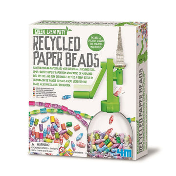 Box cover of recycled paper beads kit with a clear bottle filled with paper beads and a green crank handle on top. More coloured paper beads are next to the bottle.