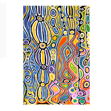 A wool rug is lying flat and printed with artwork by Judy Watson in blue, yellow, pink and red. here are lots of circular shapes in different sizes.