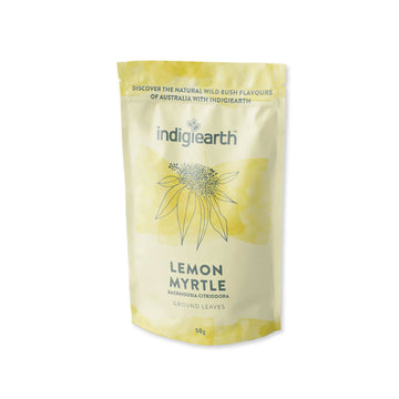 A light yellow packet with yellow overlays and a line drawing of a flower in the centre. The text 'Indigiearth Lemon Myrtle' is written in dark green.
