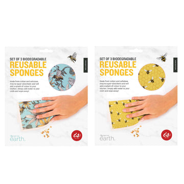 Two reusable sponge packets each with an image of a hand using the sponge printed with bees.