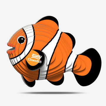 Side view of a 3D clownfish made from coloured cardboard layers stacked together.